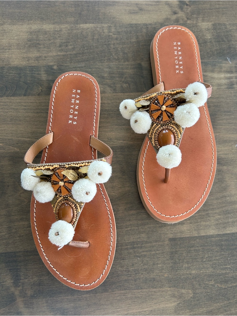 Barneys New York Brown Leather Beaded Pom-Pom Thong Sandals